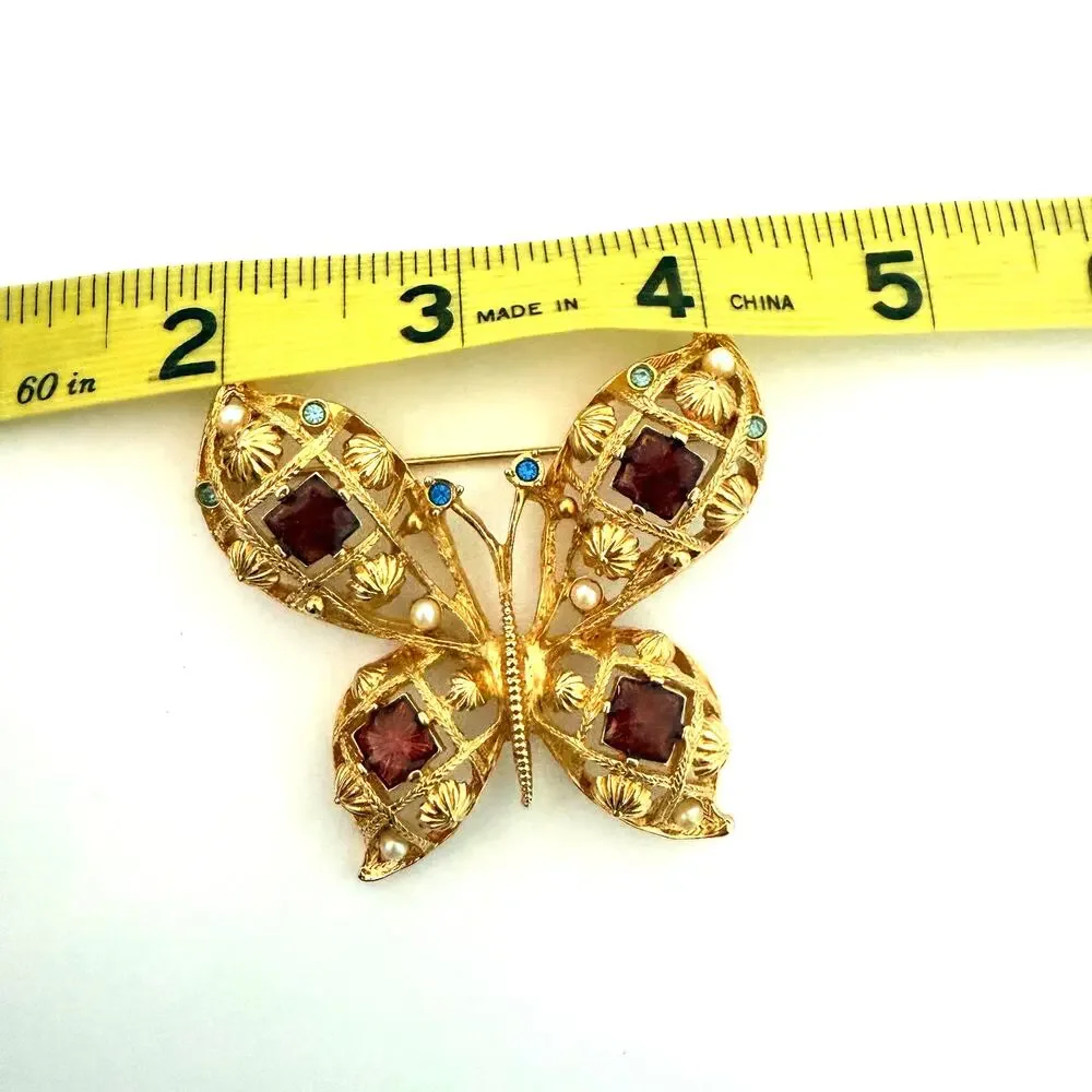 Vintage 1970s Avon Gold Jeweled Boho Butterfly Brooch Pin - Picture 7 of 8